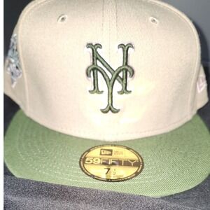 New Era 59FIFTY Fitted‎ Hat New York Mets World Series Tan Green pink Size 7 1/2